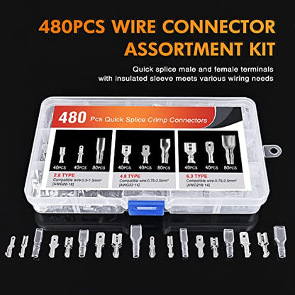 Nilight 480PCS Insulated Male and Female Spade Terminals | Open Barrel Copper Crimp Electrical Tin Plated Wire Connector 22-16AWG 22-14AWG 18-14AWG for Automotive Car Audio Speaker Wiring Projects - color: 480PCS Crimp Terminals