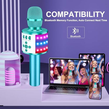 BONAOK Karaoke Microphone for Kids & Adults - Bluetooth Microphones Singing Mic with Disco Lights, Echo Effect, Built-in Speaker Portable Karaoke Player for Party Travel Gifts Q78(Ice Blue) - color: Ice Blue