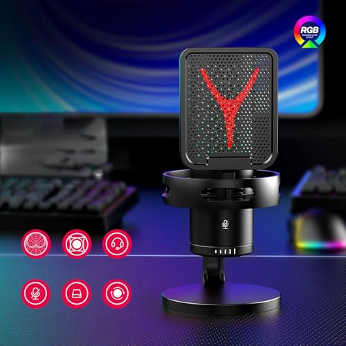 Gaming USB Microphone, RGB PC Mic with One Touch Mute, Volume Dial, Noise Reduction Pop Filter for Streaming, Podcast, Laptop, Phone, Tablet