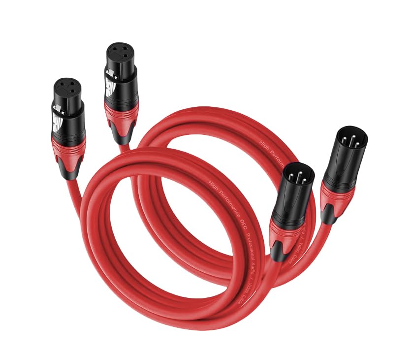 XLR Cable 6.6ft 2 Packs - Premium Balanced Microphone Cable with 3-Pin XLR Male to Female Mic Speaker Cable, Red, Pure Copper and Plated Conductors - color: Red, size: 6.6 FT, 2Packs
