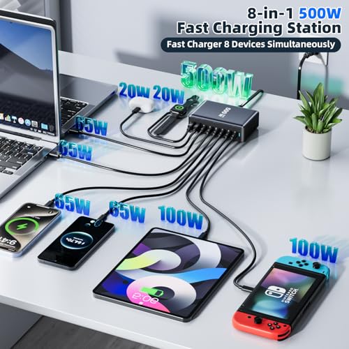 500W Fast Charging 8 Port USB C Charger Block with Nylon Fast Charging Cable, Multi-Device Charging Station Wall Desktop Charger with GaN Ⅲ Technology, USB-C Charger Adapter for MacBook/iPad/iPhone 17 - size: 500W+240W Fast Charging Cable Braided Nylon