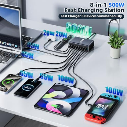 500W Fast Charging 8 Port USB C Charger Block with Nylon Fast Charging Cable, Multi-Device Charging Station Wall Desktop Charger with GaN Ⅲ Technology, USB-C Charger Adapter for MacBook/iPad/iPhone 17 - size: 500W+240W Fast Charging Cable Braided Nylon