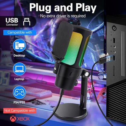 VCOM Gaming USB Microphone, Condenser Dynamic Mic for Podcasting, Streaming, with Quick Mute, Desktop Stand, Pop Filter, RGB Indicator, Shock Mount, Rotate gain Button, Compatible with PS4/5/PC