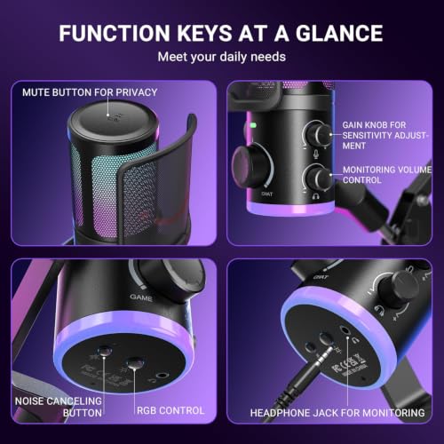 FIFINE AM6T Gaming USB Condenser Mic for PC | ChatMix Dial (Balance Game & Chat Audio), Noise Cancellation, RGB, Quick Mute, Gain Knob, Boom Arm for Streaming on Twitch