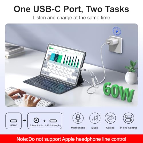 2 in 1 USB C to 3.5mm Audio Adapter with 60W PD Charging for iPhone,Galaxy | Hi-Res 32bit/384kHz DAC Type C to Aux Adapter, USB C to Headphone Jack Dongle Cable for iPhone 17/16,Galaxy S26/S25/S24,Pixel