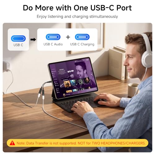 Marsno 𝐔𝐩𝐠𝐫𝐚𝐝𝐞𝐝 USB C Splitter, 2-in-1 USB C Headphone and Charger Adapter with HiFi DAC, PD 60W Fast Charging USB C Aux Dongle Cable for iPhone 17 16 15, iPad, Pixel,Galaxy S25 S24
