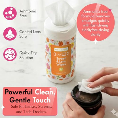 Spring Break Tech & Lens Wipes canister for Glasses & Phones, 120 Count | Pre-moistened, lint-free wipes remove smudges without streaks or scratches. Safe for lenses, phones, tablets & screens - color: Spring Break