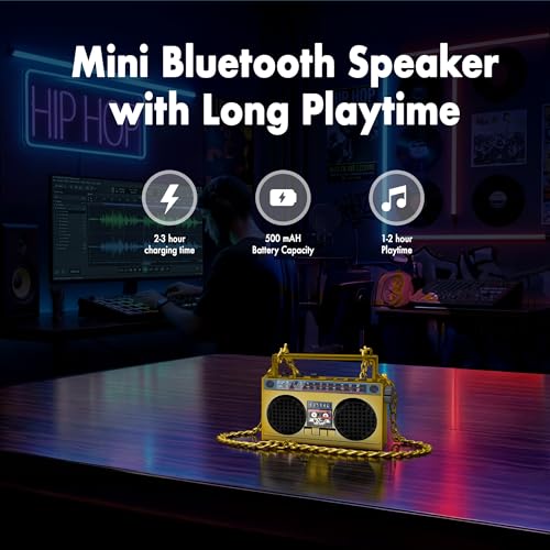 Portable Bluetooth Speakers, Retro Speakers Bluetooth Wireless Wearable | Mini Bluetooth Boombox with 27” Neck Chain, FM Radio, On-Board Buttons, Dual 3W Peak Power Bluetooth Speaker for Anywhere - color: Gold