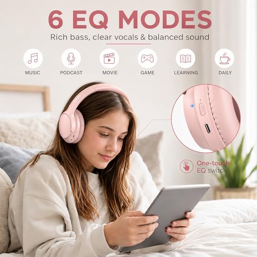 MIDOLA Bluetooth Headphones Over Ear 68H Playtime 6 EQ Wireless Headset with Microphone HiFi Stereo Foldable Lightweight Deep Bass for Travel Home Office Cellphone Pink | Adjustable Headband Foldable Over-Ear Lightweight for Office/Travel/Tablet/iPad/Lapt