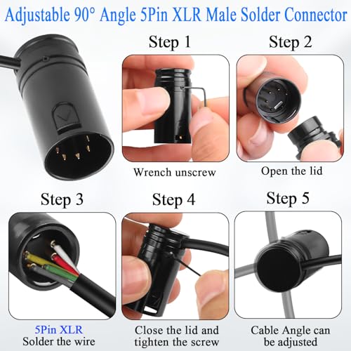 QIANRENON Compact 5Pin XLR Solder Audio Adapter Adjustable 90° Angle 5Pin XLR Male Microphone Thin Cable Connector Gold Plated x-LR 5 DMX 512 Plug, for DIY Repair 5-Pole X-LR, with 0.9mm Spanner