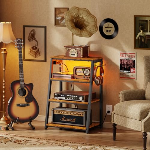 4-Tier AV Media Stand with Power Strips, Heavy Duty Stereo Cabinet Stand with LED Lights, Wooden Record Player Stand with 2 Hooks, Audio Stand Furniture Perfect for DVD Player/Game Console/TV Box/Xbox - style: With Outlet and Light