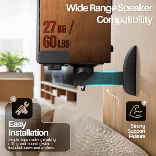 TNP Bookshelf Speaker Wall Mounts, Dual Side Clamps, 55 lb, 2 Pack, Black | Rear Surround Sound Speaker Mounts Fit 5.5-11 In Wide Speakers, with 45° Swivel and 7.5° Tilt for Home Theater or Studio - color: Black