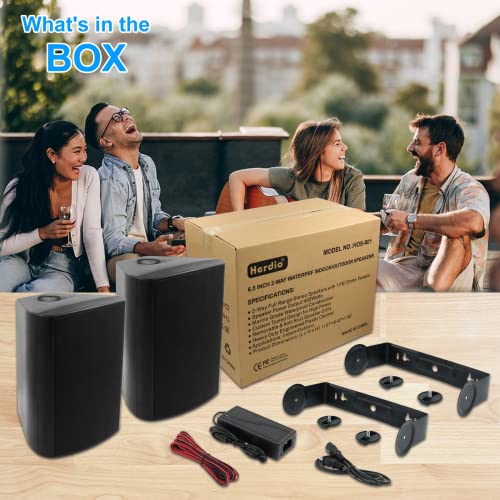 Herdio 6.5 Inches Outdoor Bluetooth Speakers Waterproof with Powerful Bass,Wall Mount Speakers Wired Weather Resistant for Patio Home Deck Porch Backyard 400 Watts(Black) - color: Black