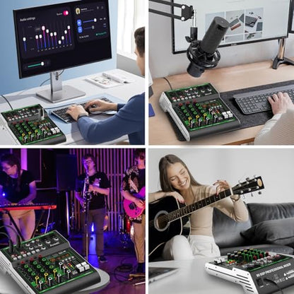 Aveek Audio Mixer, 4 Channel Mixer with Bluetooth and USB Recording | DJ Mixing Console with 99 DSP Effects, 48V Phantom Power, PC Recording Mixer for Karaoke, Studio, Podcast and Live Streaming