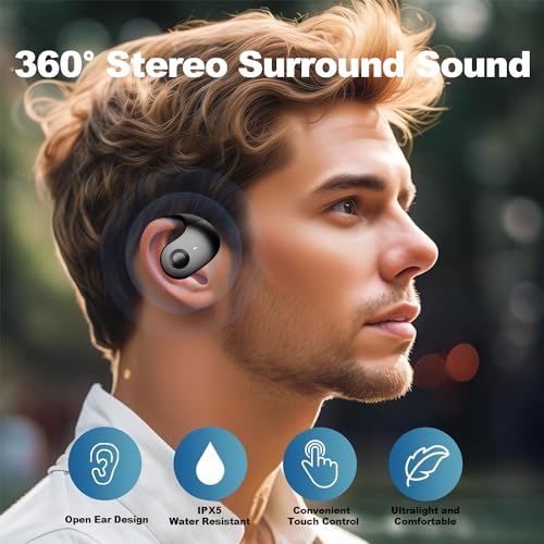 NEW Ultra Bone Conduction Earphones Open Earbuds with Immersive Audio Clear Call,Wireless Bluetooth Ear buds Stable Fit,Robust Bass,Sweat-Proof Sport Open-Ear Headphones with Mic,48H Playtime (Black)