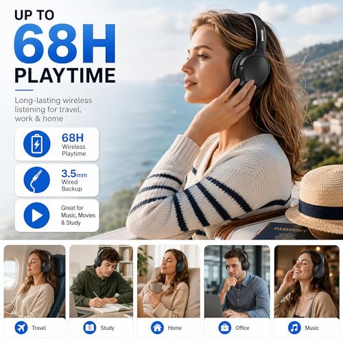 Bluetooth Headphones Wireless 68H with Mic,Decent Sound-Acceptable Black | Adjustable Headband Foldable Over-Ear Lightweight for Office/Travel/Tablet/iPad/Laptop,HD Stereo Sound,Aux 3.5mm,Black - color: Black