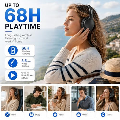 Bluetooth Headphones Wireless 68H with Mic,Decent Sound-Acceptable Black | Adjustable Headband Foldable Over-Ear Lightweight for Office/Travel/Tablet/iPad/Laptop,HD Stereo Sound,Aux 3.5mm,Black - color: Black