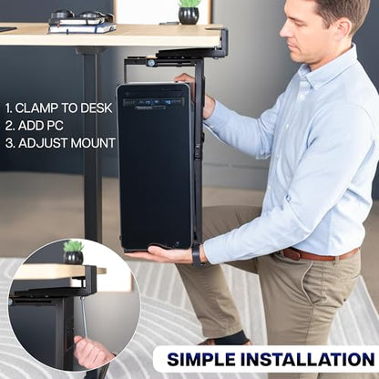 VIVO Adjustable Clamp-On Desk 3.5” to 7.8” Wide Office PC Mount, Computer Case CPU Holder with Swivel Action and Secure Locking, Black, MOUNT-PCC1S