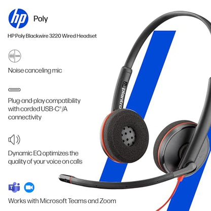 Poly Blackwire 3220 Wired Headset with Mic, Hi-Fi Stereo Sound, Noise-Canceling Mic, Stereo Design, Connect to PC via USB-C & USB-A Adapter, Over-Ear Design, Works with Virtual Meeting Platforms - style: 2023 Version (USB-C & USB-A)