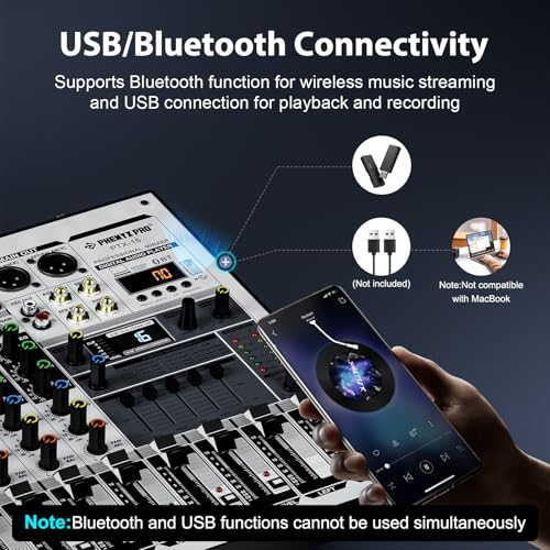 Professional Audio Mixer, Phenyx Pro Sound Console w/USB Audio Interface, 4-Channel Sound board DJ Mixer w/Stereo Equalizer, 16 DSP Effects, suitable for Stage, Live Gigs, and Karaoke (PTX-15)