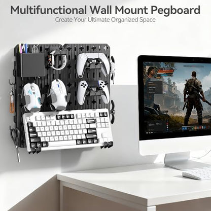 KDD Keyboard and Mouse Display Stand Holder, Wall Mount Office Organization Pegboard Combination Kit with Pen holder, Hooks, Headset & Controller Stand for Office & Home Hanging Organizer Storage