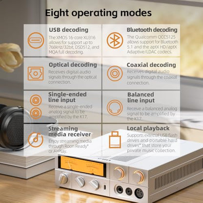 FiiO K17 Desktop DAC&Headphone Amplifier AK4191+AK4499EX*2, 31-Band PEQ, MQA,Support DSD512 32Bit/768kHz with Remote Control (Silver) - color: Silver
