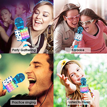 BlueFire 4 in 1 Karaoke Wireless Microphone with LED Lights, Portable Microphone for Kids, Great Toys for Kids, Girls, Boys and Adults (Blue) - color: Blue
