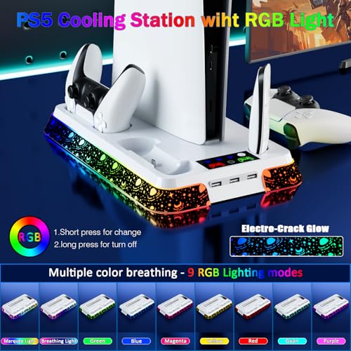 PS5 Stand for PlayStation 5 Disc & Digital Console, PS5 Cooling & Charging Station with RGB, PS5/Slim/Pro Controller Charger Incl. 3 Level Fan,Headset, PS5/Slim/Pro Accessories Comes 3 USB Ports - color: Star-white
