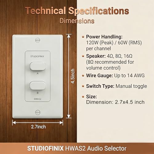 STUDIOFINIX in-Wall 2-Zone A/B Speaker Selector Switch, 120W Peak Power Per Channel Speaker Controller Box, Controls 2 Pairs of Speakers, Fits Standard Single-Gang Wall Box for Home Stereo