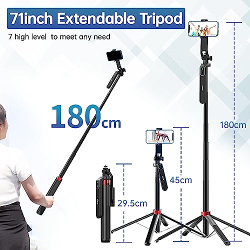 ULANZI MA09 Phone Tripod, 71" Selfie Stick for Luna Gopro Pocket4 Action | Cell Phone Tripod Stand w rechargeable remote, Handheld Shooting, 360° Rotating, 1/4'' Screw for Selfie Video, iPhone Android - color: MA09 Red