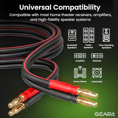 GEARit 14 Gauge OFC Speaker Wire with Banana Plugs, 2 Pack 3.3 ft Each - color: Black/Red, size: 3.3 ft, 2-Pack