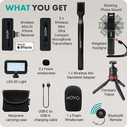 Movo iVlogger Wireless Vlogging Kit for iPhone with Dual Wireless Lavalier Microphone, Tripod, Phone Mount, LED Light, Wireless Remote, and WHX-HM Mic Handle - Wireless YouTube Starter Kit for iPhone