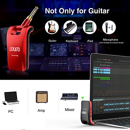 LEKATO 2.4GHz Wireless Guitar System - 6 Channels Rechargeable Wireless Transmitter & Receiver for Guitar & Bass, Stereo & Mono 1/4' & 1/8' 2 in 1 Plugs (Black & Red) - color: red