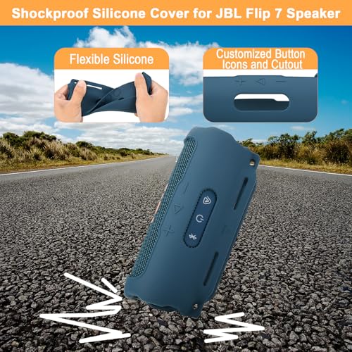 Silicone Case Compatible with JBL Flip 7 Speaker, Shockproof Protective Cover Soft Skin Silicone Cover with Shoulder Strap and Hook and Loop Straps for Bike Golf Cart Rail Mounting (Dark Blue) - color: Dark Blue