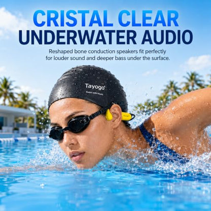 Tayogo Swimming Headphones T6 + W23 Bone Conduction, Under Water Audio System, Spotify Swim Headset, No Need to Download, Waterproof FM Receiving & Bluetooth Open Ear Swim Headset for Training - color: Yellow