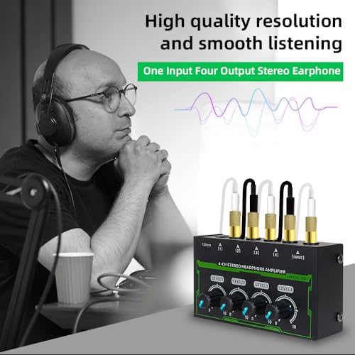 Headphone Amplifier 4 Channel Stereo Headphone Amp Mini Audio Amplifier with Power Adapter DC 12V 6.35mm Input/Output Interface Portable Earphone Amp Splitter for Stage Studio