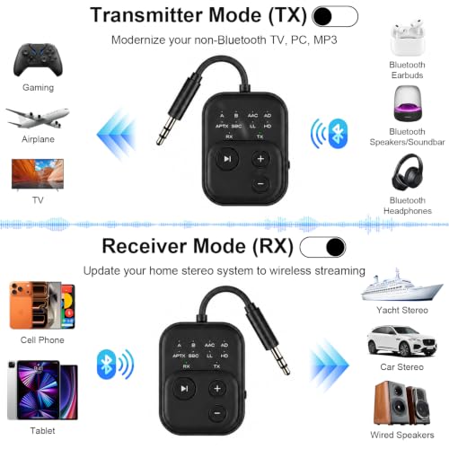 Bluetooth 6.0 Audio Transmitter Receiver, Airplane Bluetooth Adapter for TV | Dual Link for 2 Headphones, Qualcomm aptX LL, HD, 3.5mm AUX Audio Transmitter for Flight Trave, Gym, Low Latency, Black - color: Black