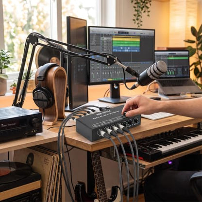 2 in 4 Out Stereo Mixer Distributor, 18 in Stereo Audio HiFi Audio Mixer, Independent Control, for PC Microphone Guitar Electronic Keyboard Speaker DC 5V to 19V.
