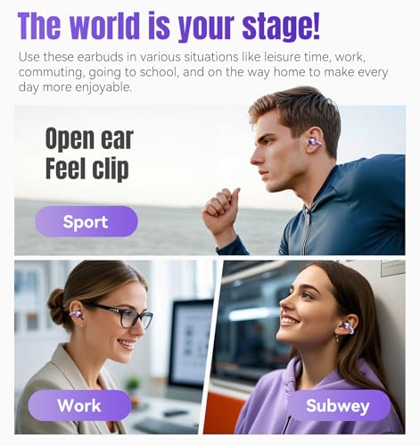 King Lucky Next-gen Clip on Earbuds Open Ear Wireless Bluetooth 6.0 Headphones with Mic,50H Play,ENC,IPX5 Waterproof,Sports Ear Buds,Comfortable for Small Ears&Fitness,Running (Purple) - color: Purple