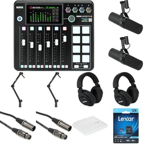 Rodecaster Pro II and (2) SM7B Cardioid Dynamic Microphones 2 Person Podcasting Bundle, 2 Pairs of Headphones, 2 10' XLR Cables, 128GB SD Card, 2 Boom Arms, and Dust Cover