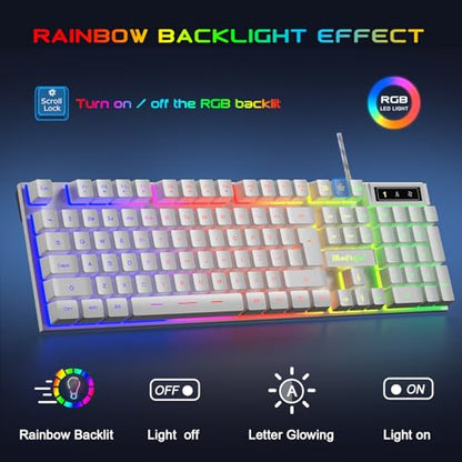 BlueFinger RGB Gaming Keyboard and Backlit Mouse and Headset Combo, USB Wired Backlit Keyboard, LED Gaming Mouse Set, Headset with Microphone for Laptop PC Computer Game and Work, White - color: White