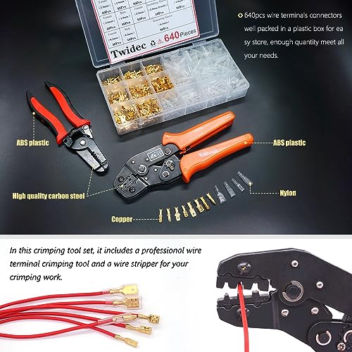 Twidec/640Pcs 2.8/4.8/6.3mm Quick Splice Male and Female Wire Spade Connector Crimp Terminal Golden Kit with Wire Terminal Crimping Pliers Tools 26-16AMG for Electrical Wiring Car Audio Speaker - color: Gold 640PCS+SN-48B