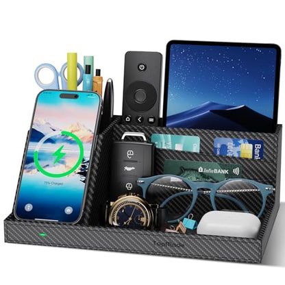 TopMade Wireless Charger Nightstand Organizer, Multi-functional Leather Home Office Supplies, Fast Charging Station for iPhone, Remote Control Pen Holder, Desktop Storage (Black Carbon Fiber) - color: Black Carbon Fiber