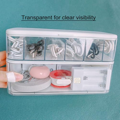 2 Pack Charger Cable Cord Storage Organizer Box, Plastic Flip-Top Cable Organizer Box and Drawer Charger Storage Box, USB Cable/Charger Organizer Boxes, Stackable Plastic Case