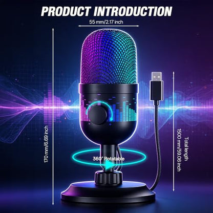 Gaming Microphone, USB Dynamic Gaming Mic for PC, Computer Gaming Streaming Mic with RGB Light, Mute Button, Gain Control, Desktop Podcast Mic for Recording Studio Twitch YouTube - RK102