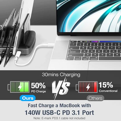 160W 6-Port USB-C and USB-A Charging Station Organizer with 140W PD 3.1 – Includes Cables – for MacBook, iPhone, iPad, AirPods, Smartphones, Tablets, and Gaming Devices - Black