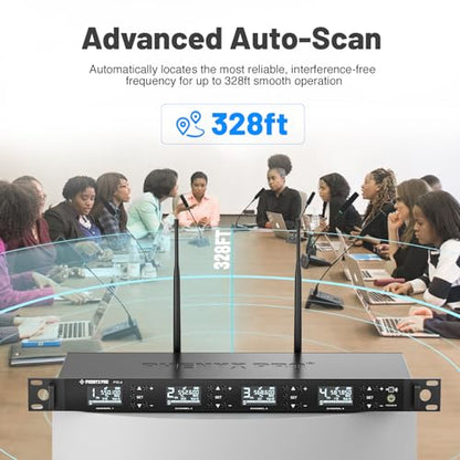 Phenyx Pro 4-Channel Auto Scan Wireless Conference Microphone System PTC-4 | 4 x 50 Frequencies, 328 ft Range, IR Sync, 4 Gooseneck Mics for Lectures, Church, Meeting, Conference Rooms,Public Speaking