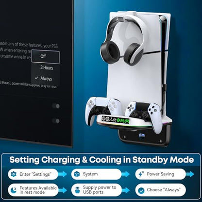 PS5 Wall Mount Kit with Cooling Fan and Charging Station Compatible with PS5/ Slim/Pro Disc and Digital, PS Five Floating Shelf with 9 RGB Lights, PS 5 Mount Behind TV, Sony PSP Cables - color: White And Black