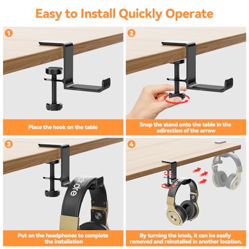 Headphone Hanger Holder Stand-Under Desk Headphone Hanger， Headset Hook Holder Space-Saving Aluminum Stand with Universal Fit for Gaming PC Accessories (Black-1PCS)