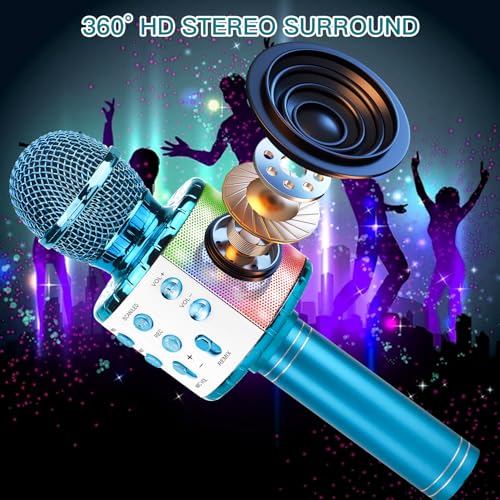 ShinePick Karaoke Microphone, 4 in 1 Wireless Microphone with LED Lights Handheld Portable Karaoke Machine, Home KTV Player, Compatible with Android & iOS Devices(Blue) - color: blue